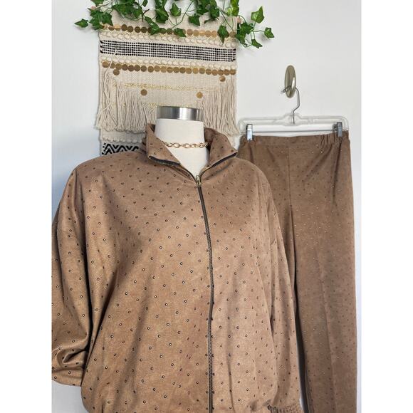 Vintage Caramel Studded Set Satin Lined Bomber Jacket Stretch Pant Suit M - Picture 14 of 16